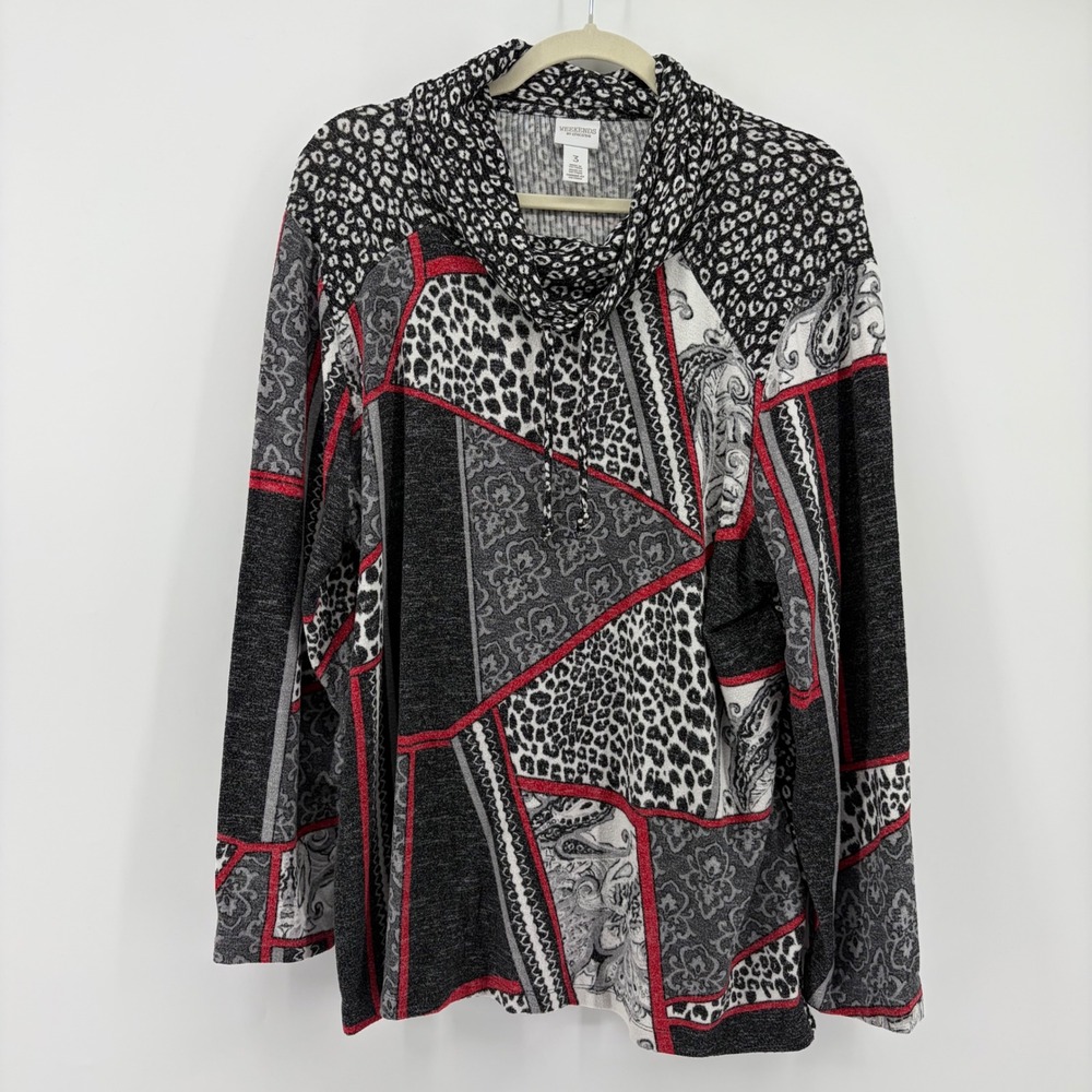 Chico's Womens Size XL Black Red Mixed‎ Print Cowl Neck Long Sleeve Sweater